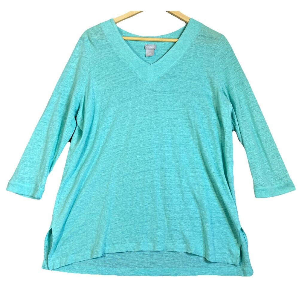 Chico's Tunic Sweater Size Medium Sea Foam 100% Linen Knit V-Neck 3/4 Sleeves